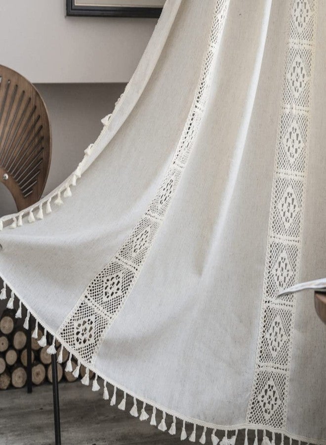 AMZALI Boho Curtains with Tassel Handmade Semi-Blackout Drapes Lace Patchwork Crochet Farmhouse Window Curtain Panels Rod Pocket Curtain for Living Room Bedroom 1 Panel 59" W x 63" L, Beige - Image 3